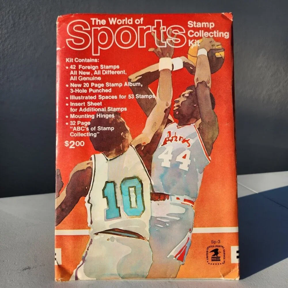 New The World of Sports Stamp Collecting Kit 42 Stamps Album book VINTAGE